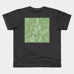 Botanical Line Drawn Leaves Pattern Green Kids T-Shirt